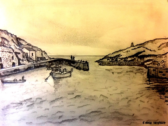 Dusk at Porthgain, Pembrokeshire. Pencil sketch, Rob Hedge